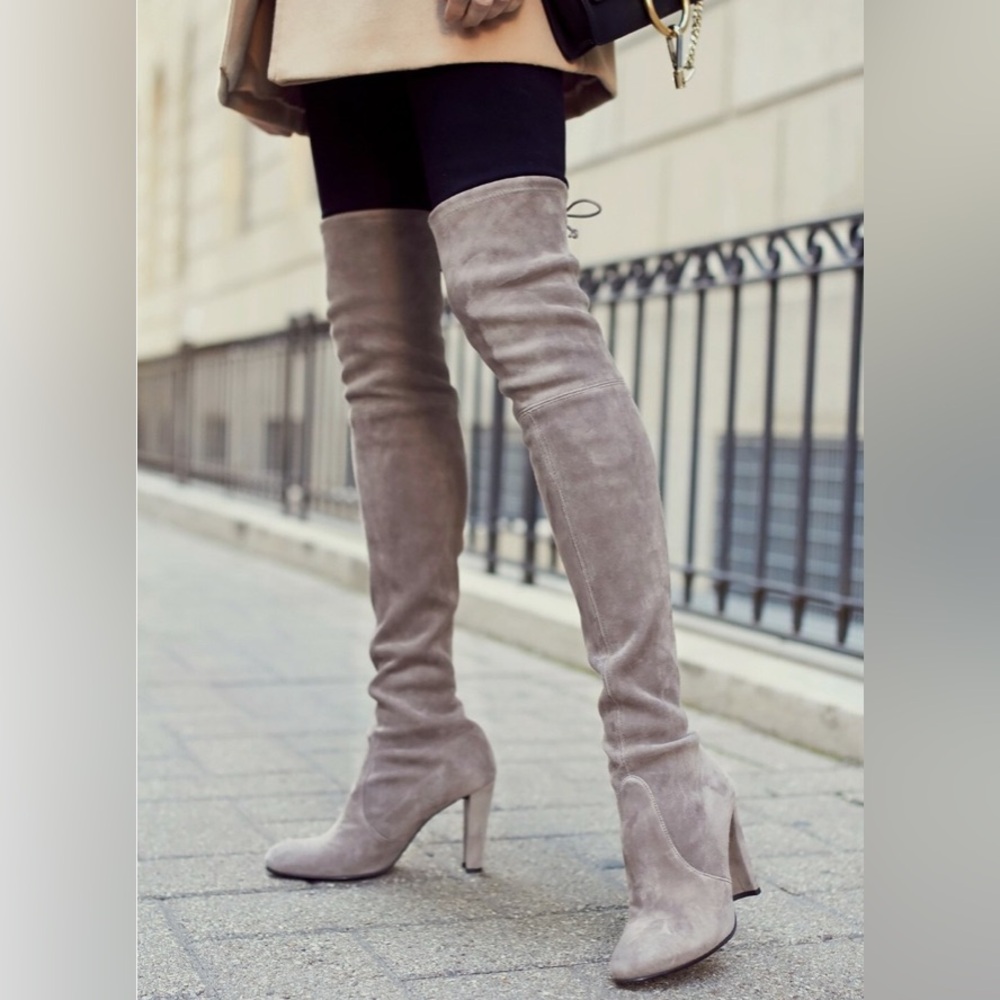 Stuart Weitzman Highland Thigh-High Boots in Taupe Suede